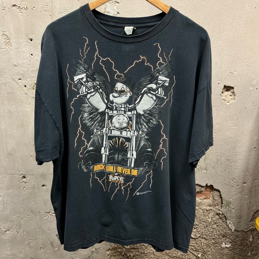 Y2K 2010 Popeye the Sailor Man Lightening Biker Graphic Rock Will Never Die Tee